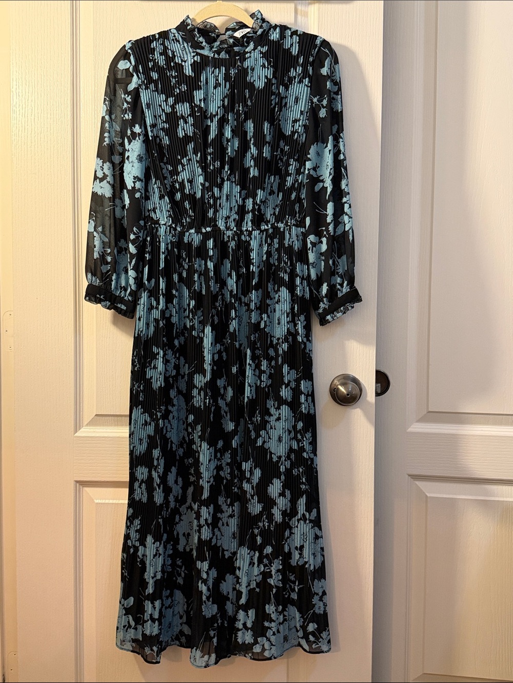 Zara Black Midi Dress with Light Blue Floral Print